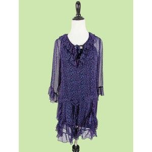 Anna Sui Mini dress S Silk ruffle Silk camisole Insert Long Sleeves Keyhole Tie